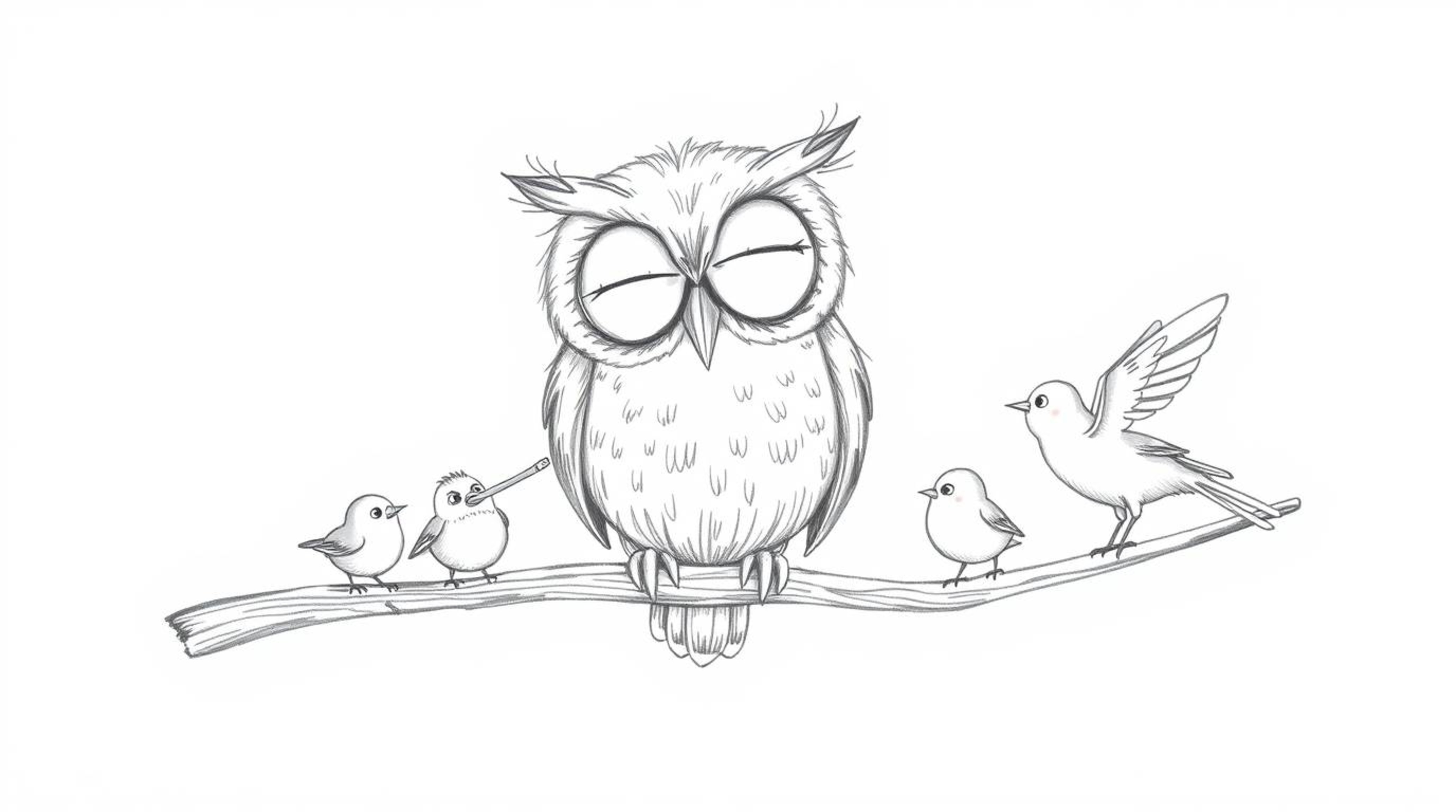 A whimsical hand-drawn sketch in the style of Pixar depicts a blind owl with large, expressive eyes teaching several small bi