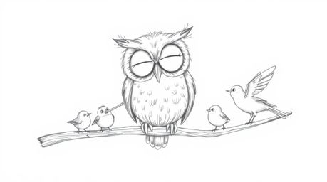 A whimsical hand-drawn sketch in the style of Pixar depicts a blind owl with large, expressive eyes teaching several small bi