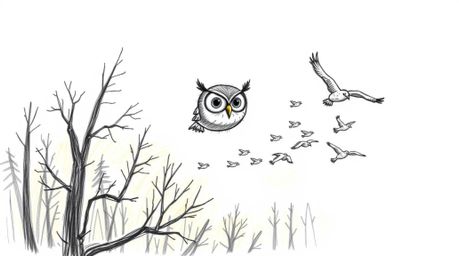 A whimsical hand-drawn pencil sketch depicts a Pixar-style blind owl with large, gentle eyes guiding a flock of small birds i