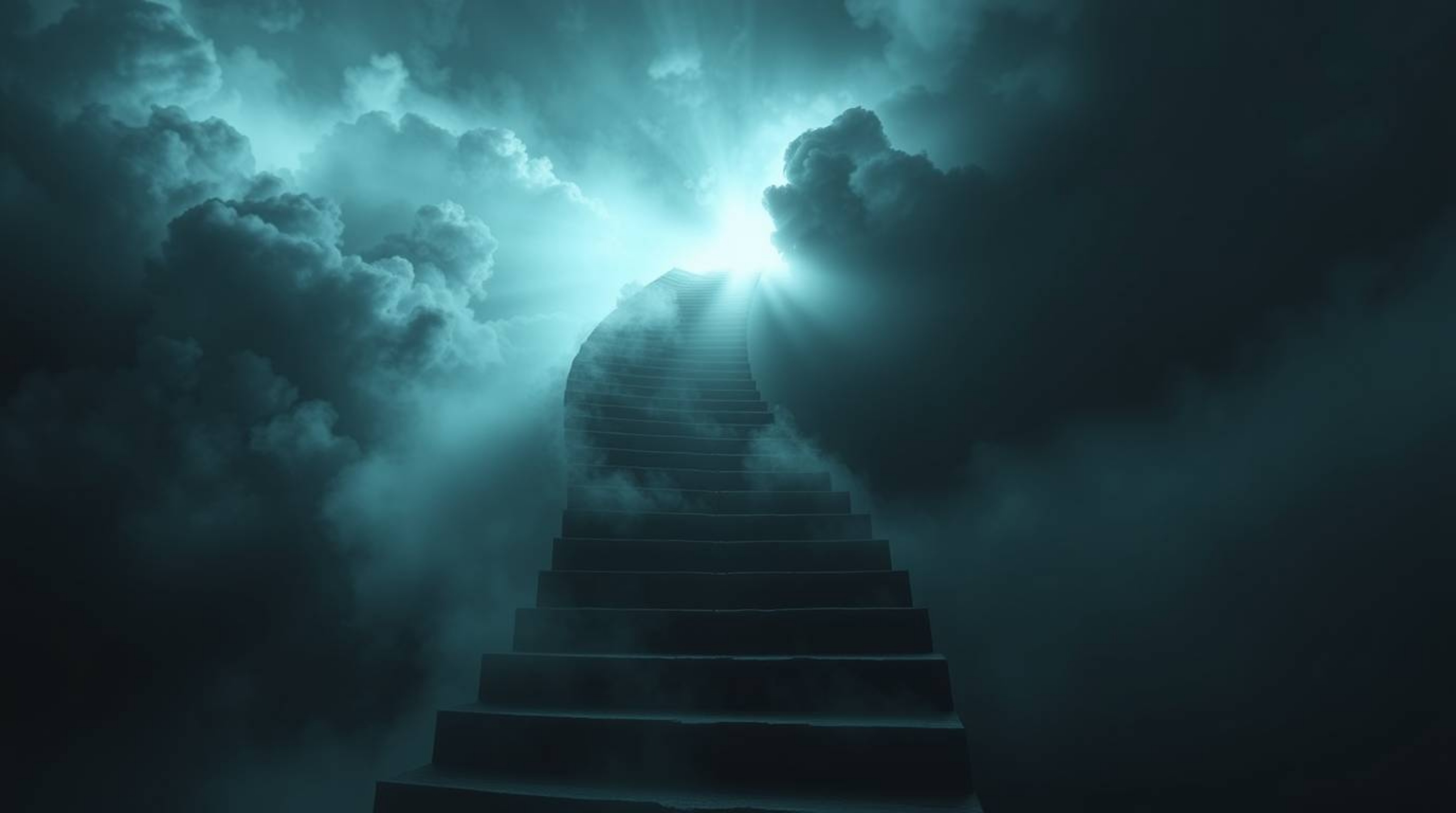 A mesmerizing image depicts a winding stairway composed of smoke and light, ascending into a vast, cloudy sky.  The dark tone
