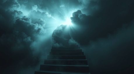 A mesmerizing image depicts a winding stairway composed of smoke and light, ascending into a vast, cloudy sky.  The dark tone