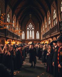 Capture the enchanting atmosphere of a magical school filled with young wizards through long exposure photography.  Bathed in