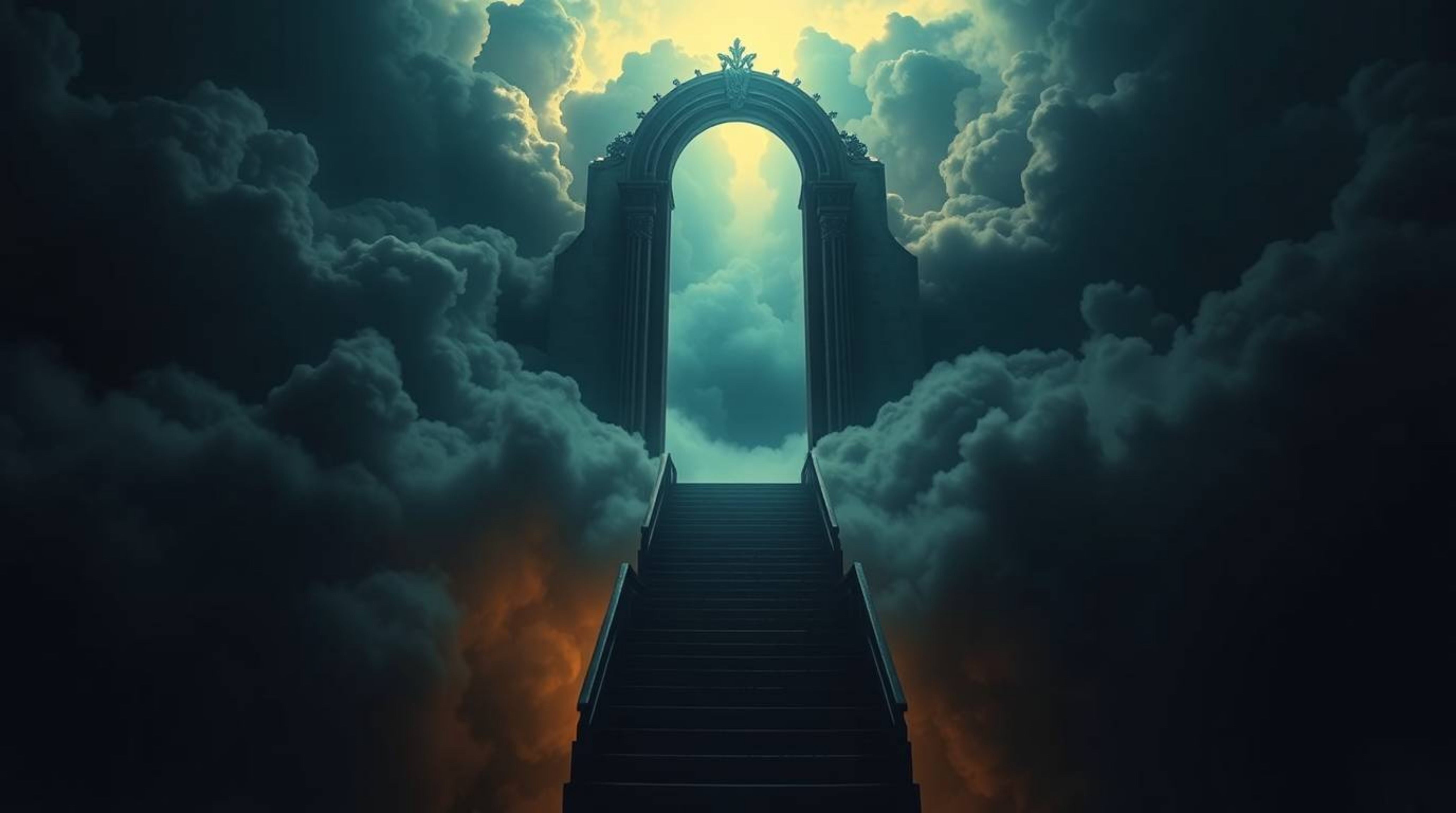 A high-resolution stock photo depicting a heavenly gate floating above the clouds, with stairs ascending towards it. Golden l
