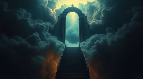 A high-resolution stock photo depicting a heavenly gate floating above the clouds, with stairs ascending towards it. Golden l