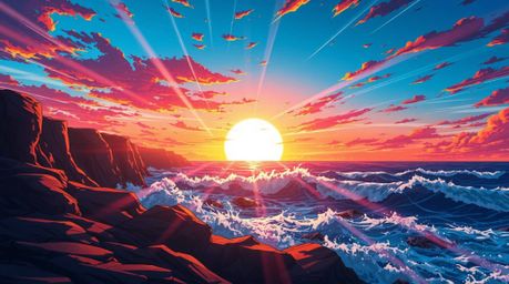 A vibrant isekai anime style illustration showcases powerful waves crashing against rugged cliffs under a breathtaking sunset