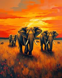 A warm autumnal bold acrylic painting of elephants walking across a sunset field. Vibrant, earthy colors, textured brushstrok