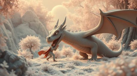 A charming prince battles a fearsome dragon in a dreamlike, 1950s-style animation. The scene is rendered in striking infrare