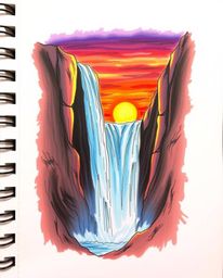 This is a vibrant, hand-drawn color sketchnote depicting a dramatic waterfall against a setting sun. The artwork masterfully 