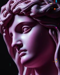 A captivating close-up showcases a classical sculpture infused with a vibrant glitch effect.  Rich burgundy and deep blue hue