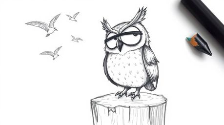 A heart-warming Pixar-style sketch depicts a blind owl with large, expressive eyes perched on a tree stump. He cheerfully wat