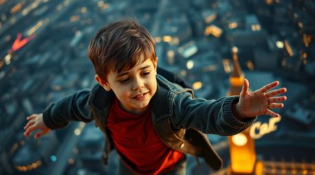 High-resolution stock photo featuring a young boy flying above London, enhanced by magical pixie dust. The image captures a m