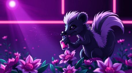 A vibrant and futuristic image of a cartoon skunk playfully spraying perfume on flowers. The scene is bathed in deep ultravio