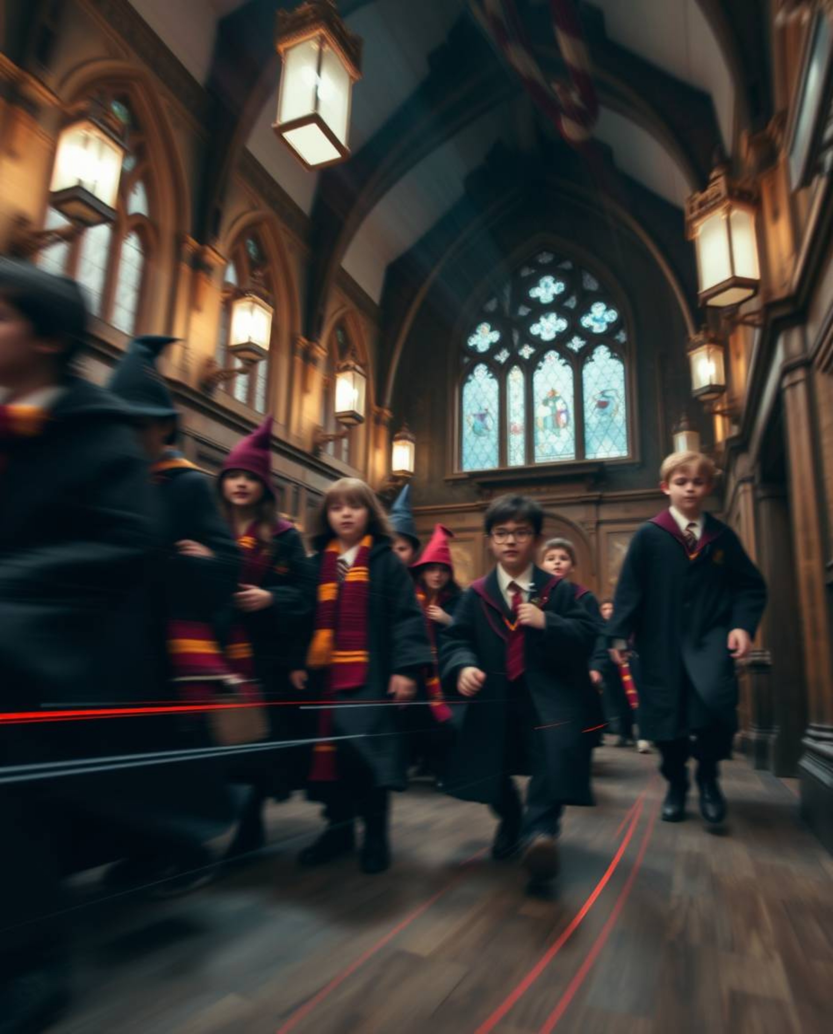 Capture the magic with this long exposure close-up photograph of a school filled with young wizards. The image emphasizes det