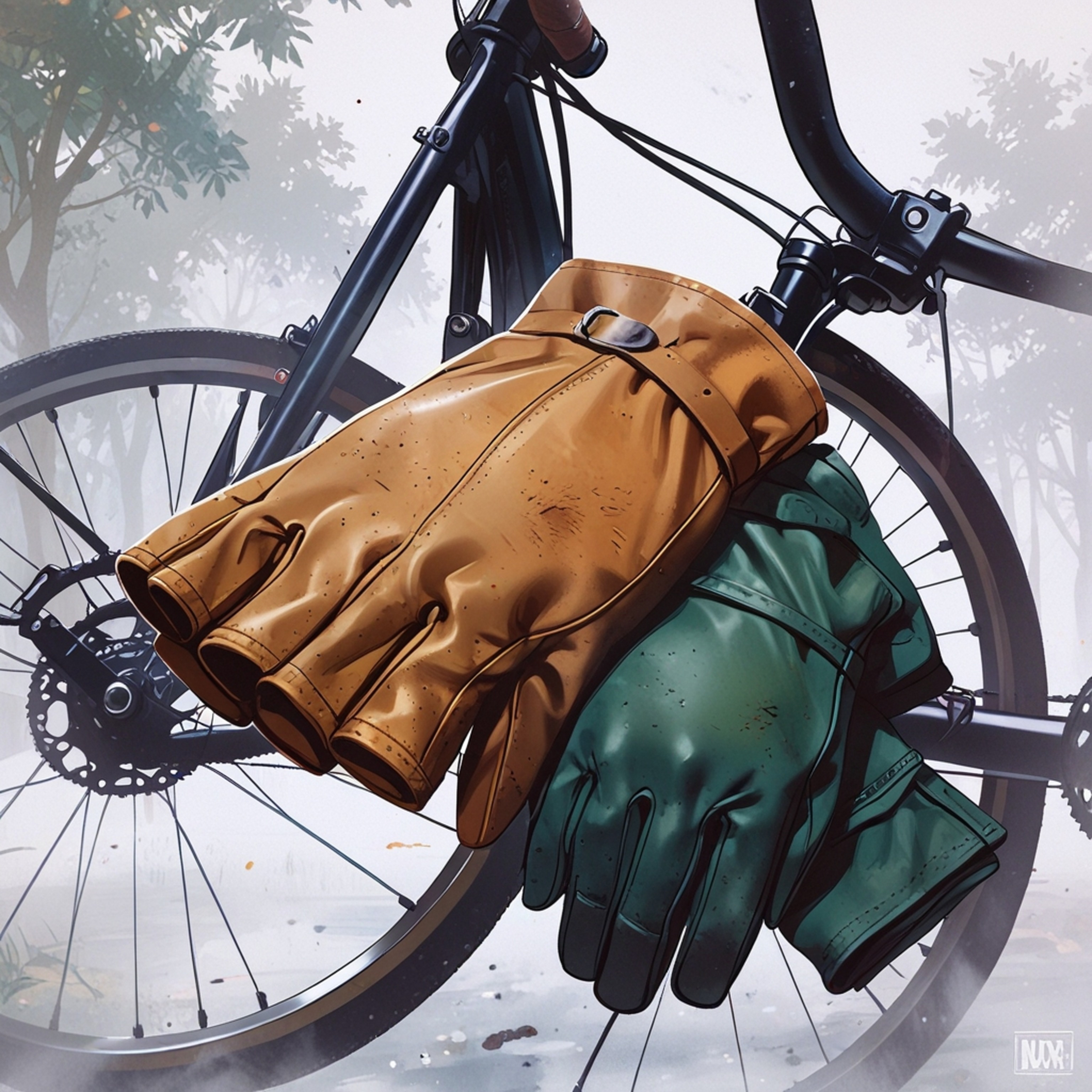 A captivating image showcases a pair of leather gloves placed near a classic vintage bicycle, all set against a backdrop of s
