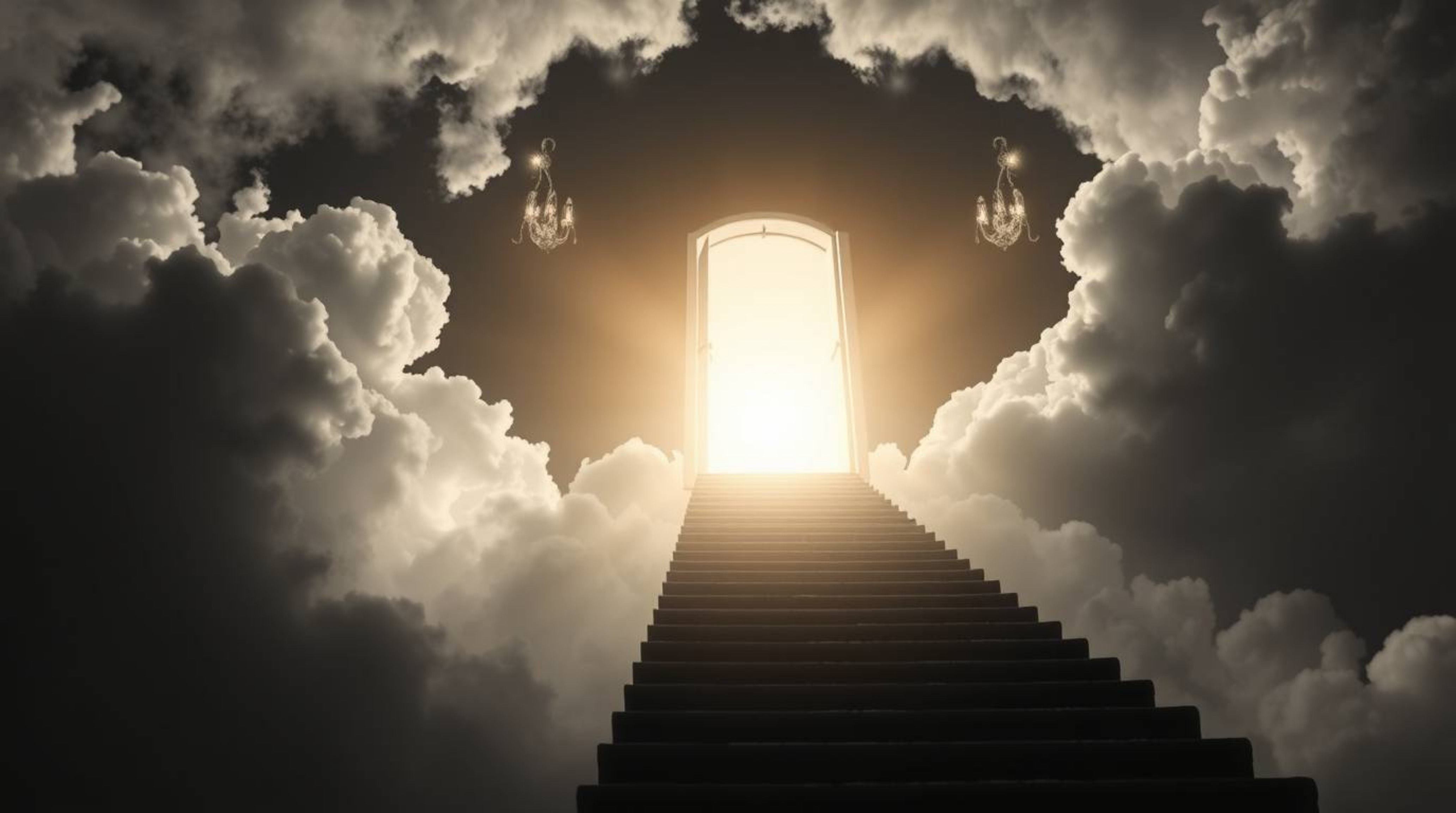 A timeless and elegant black and white photograph depicts a heavenly gate floating above the clouds, with a stairway ascendin