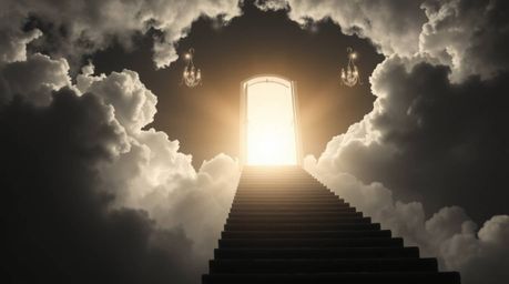 A timeless and elegant black and white photograph depicts a heavenly gate floating above the clouds, with a stairway ascendin