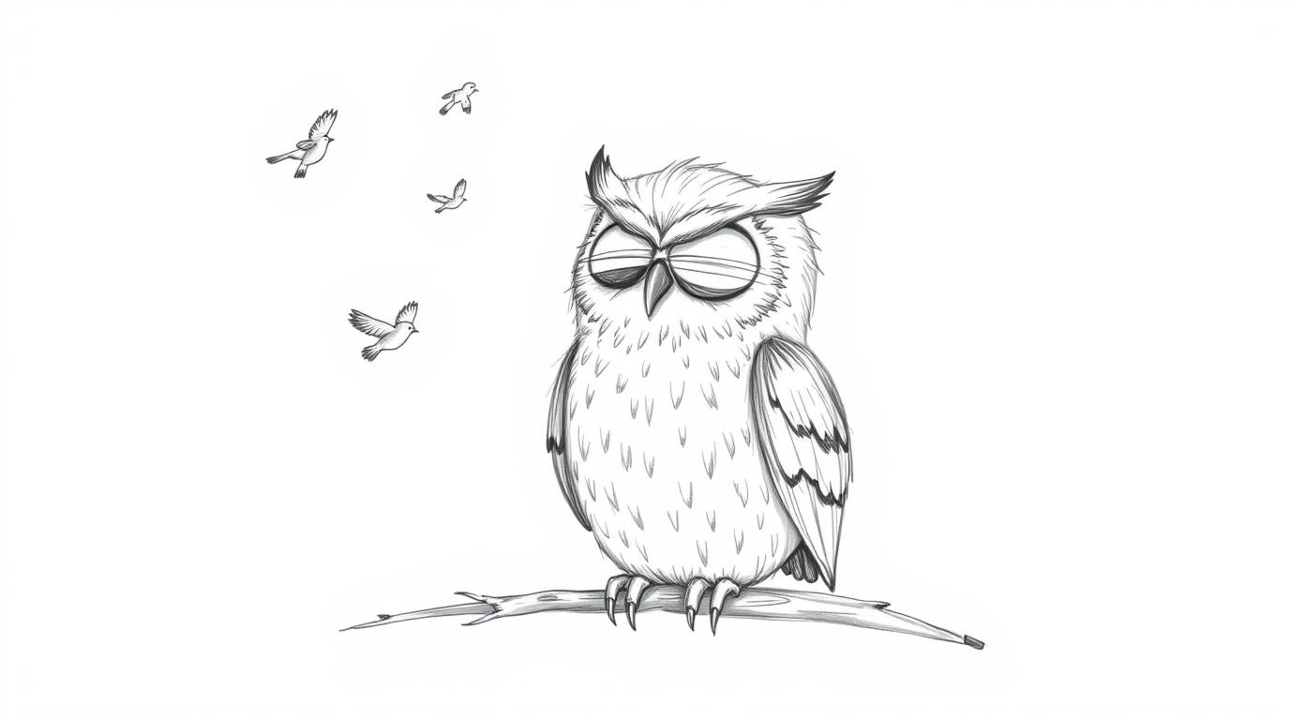 A serene, hand-drawn sketch in Pixar style features a blind owl with detailed, textured feathers sitting peacefully while sma