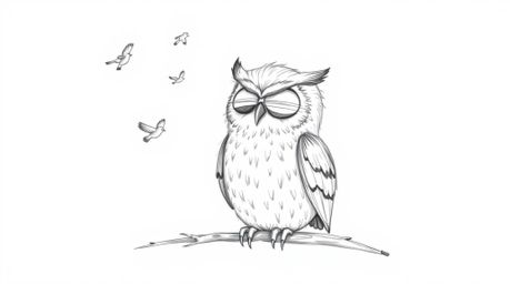 A serene, hand-drawn sketch in Pixar style features a blind owl with detailed, textured feathers sitting peacefully while sma