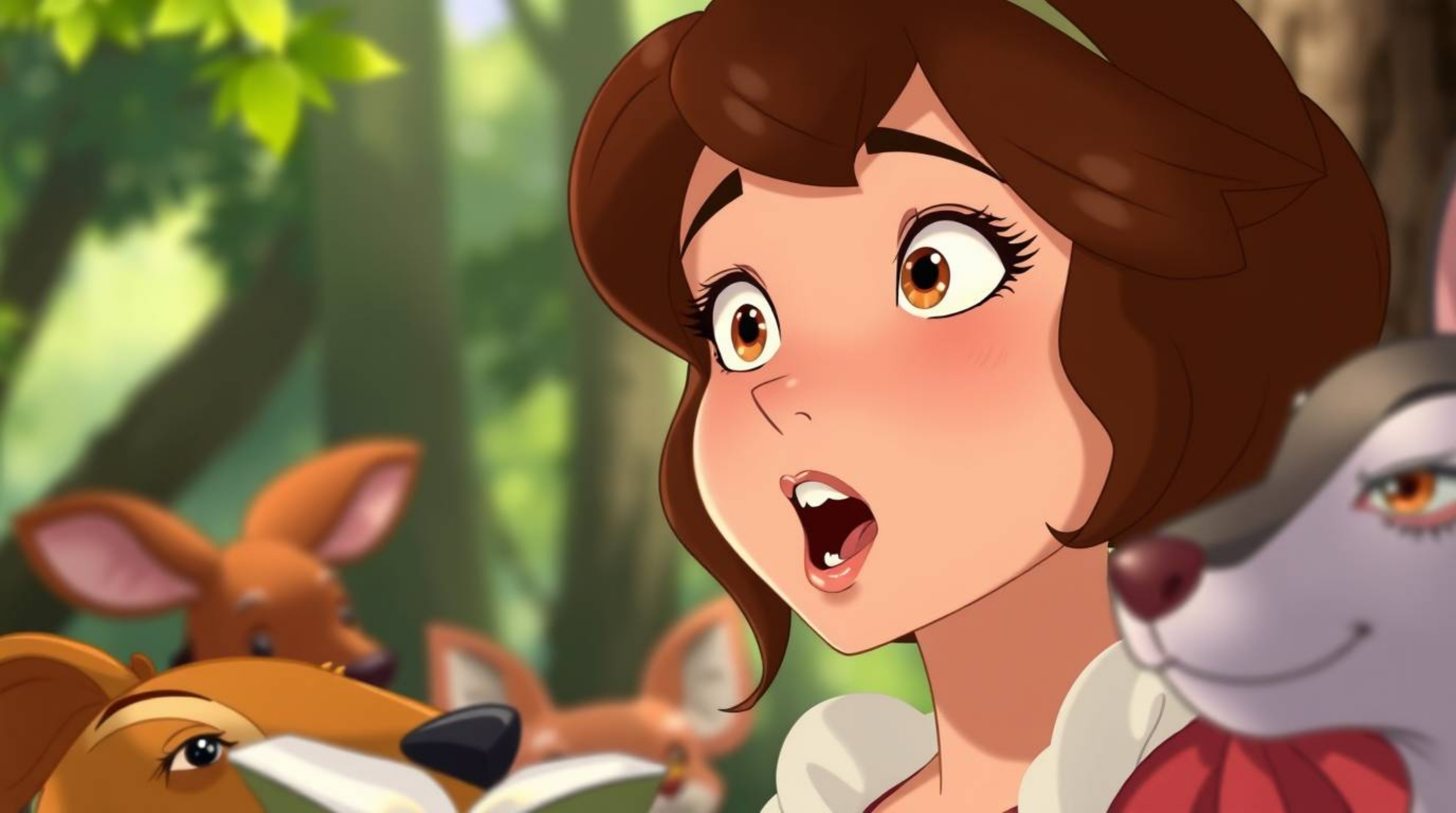 A captivating vintage 2D animation showcases a princess with expressive eyes and chestnut hair passionately singing with fore