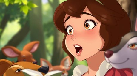 A captivating vintage 2D animation showcases a princess with expressive eyes and chestnut hair passionately singing with fore