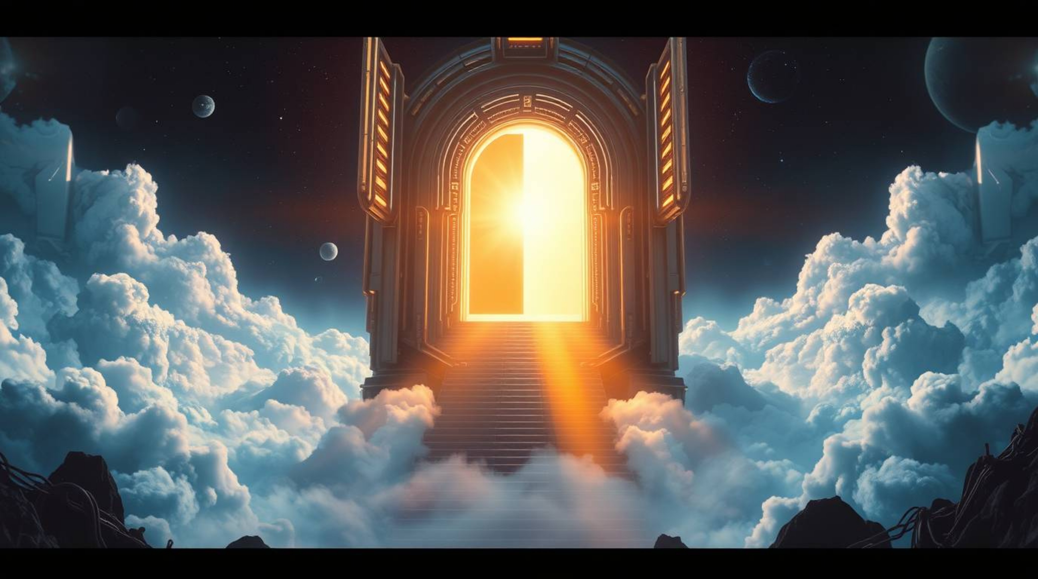 Explore a captivating scene blending futuristic sci-fi elements with fantasy realism. A heavenly gate floats above the clouds