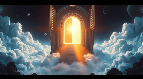 Explore a captivating scene blending futuristic sci-fi elements with fantasy realism. A heavenly gate floats above the clouds