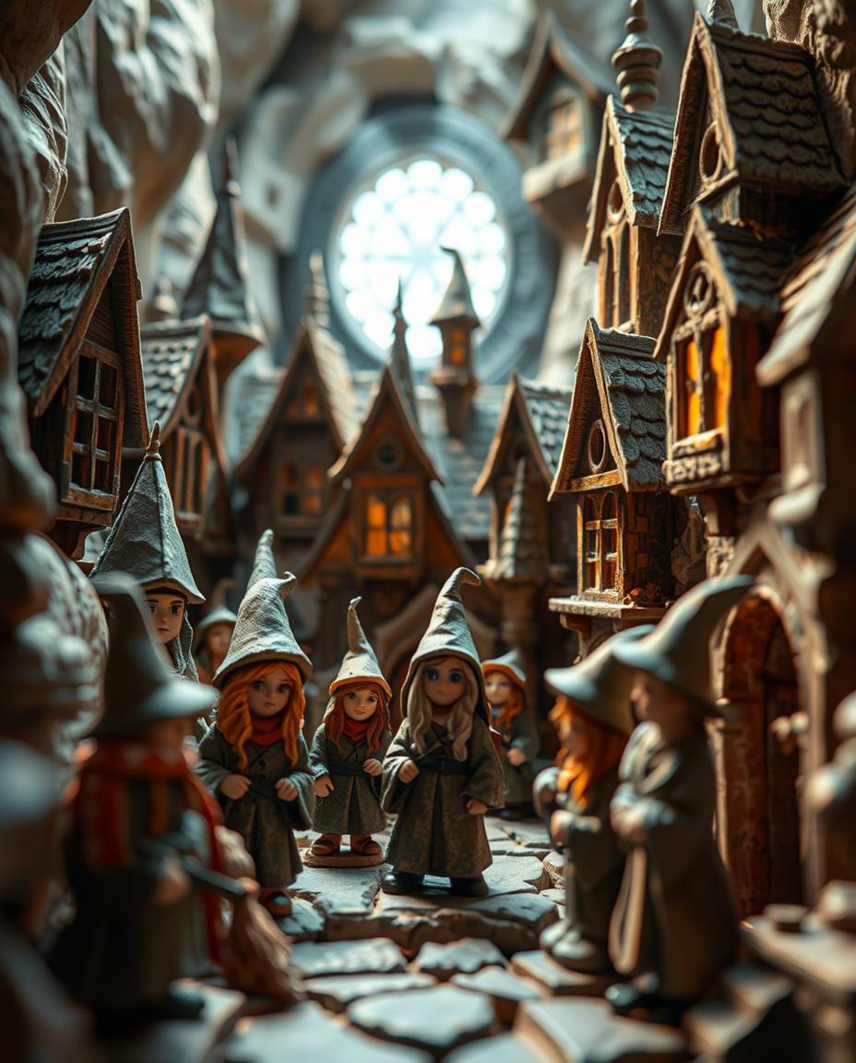 Explore a whimsical world through a close-up macro view of a magical school brimming with young wizards. This enchanting scen
