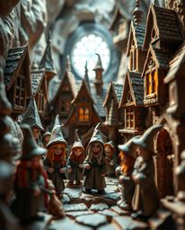 Explore a whimsical world through a close-up macro view of a magical school brimming with young wizards. This enchanting scen