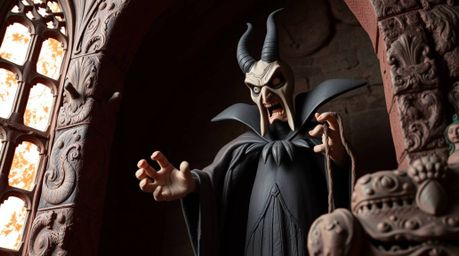 A captivating surreal clay sculpture depicts a classic Disney villain casting a spell within an ancient castle.  The artwork 