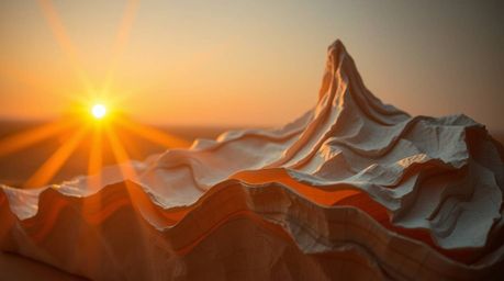 A stunning papier-mâché river delta sculpture bathed in the warm golden hour light, showcasing soft, textured layers with a c