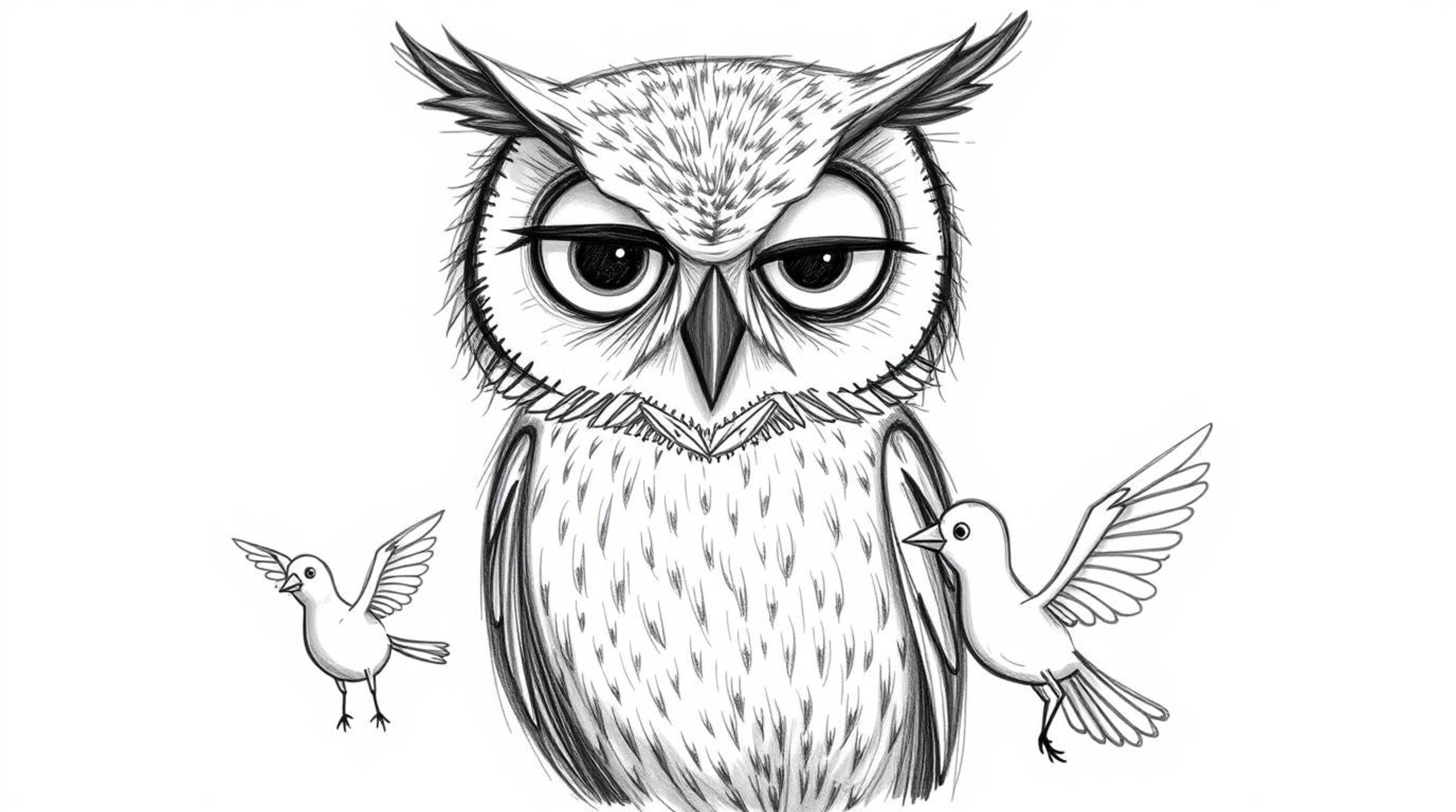 A heartwarming Pixar-inspired, hand-drawn sketch depicts a blind owl, meticulously rendered with textured pencil strokes, pat