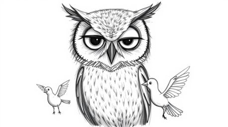 A heartwarming Pixar-inspired, hand-drawn sketch depicts a blind owl, meticulously rendered with textured pencil strokes, pat