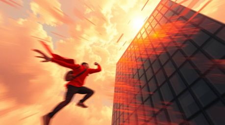 A dynamic digital painting featuring warm colors (reds, oranges, yellows) and blurred lines depicting action poses.  A modern