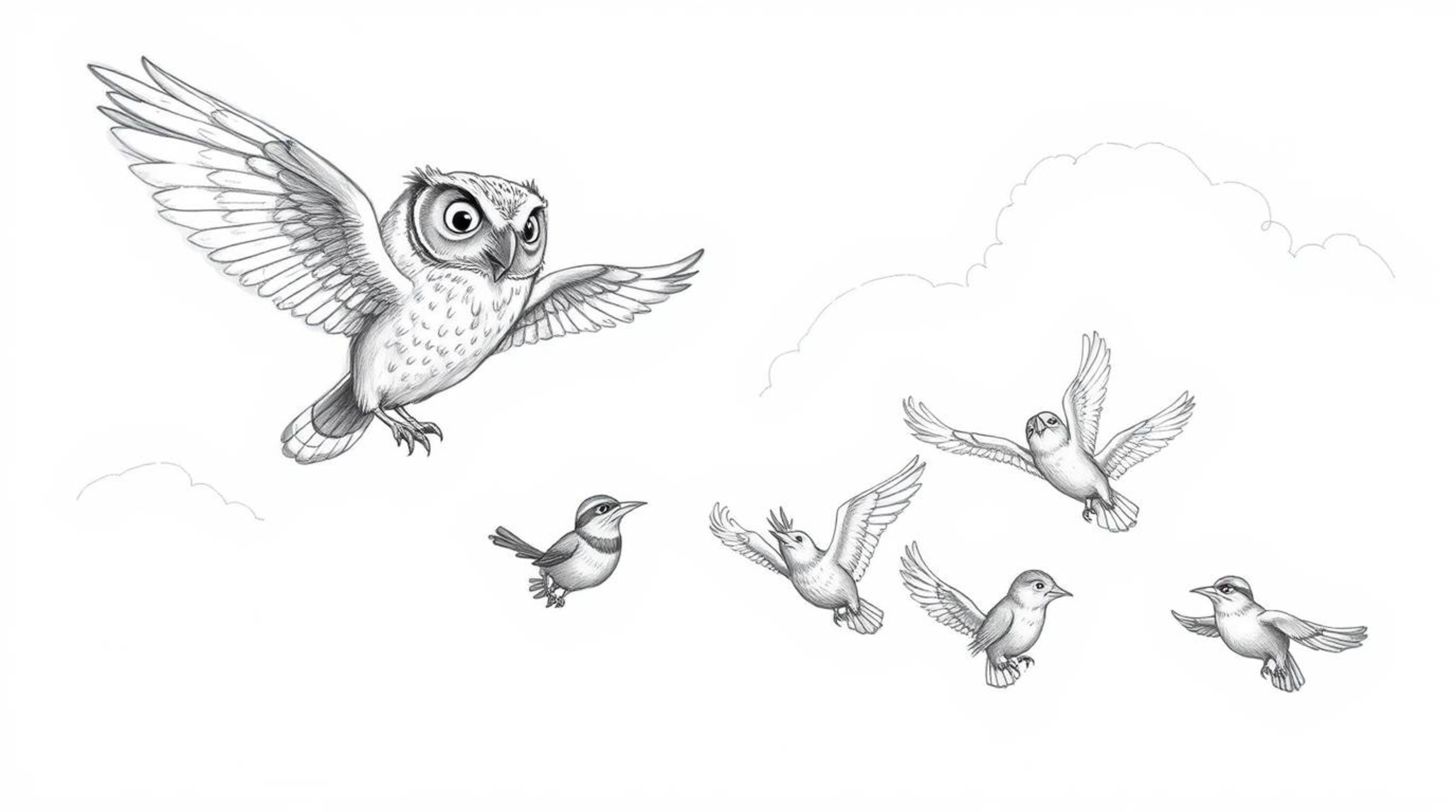 A heartwarming hand-drawn sketch depicts a blind owl with meticulously detailed feathers, passionately teaching a diverse flo