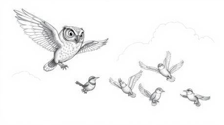 A heartwarming hand-drawn sketch depicts a blind owl with meticulously detailed feathers, passionately teaching a diverse flo