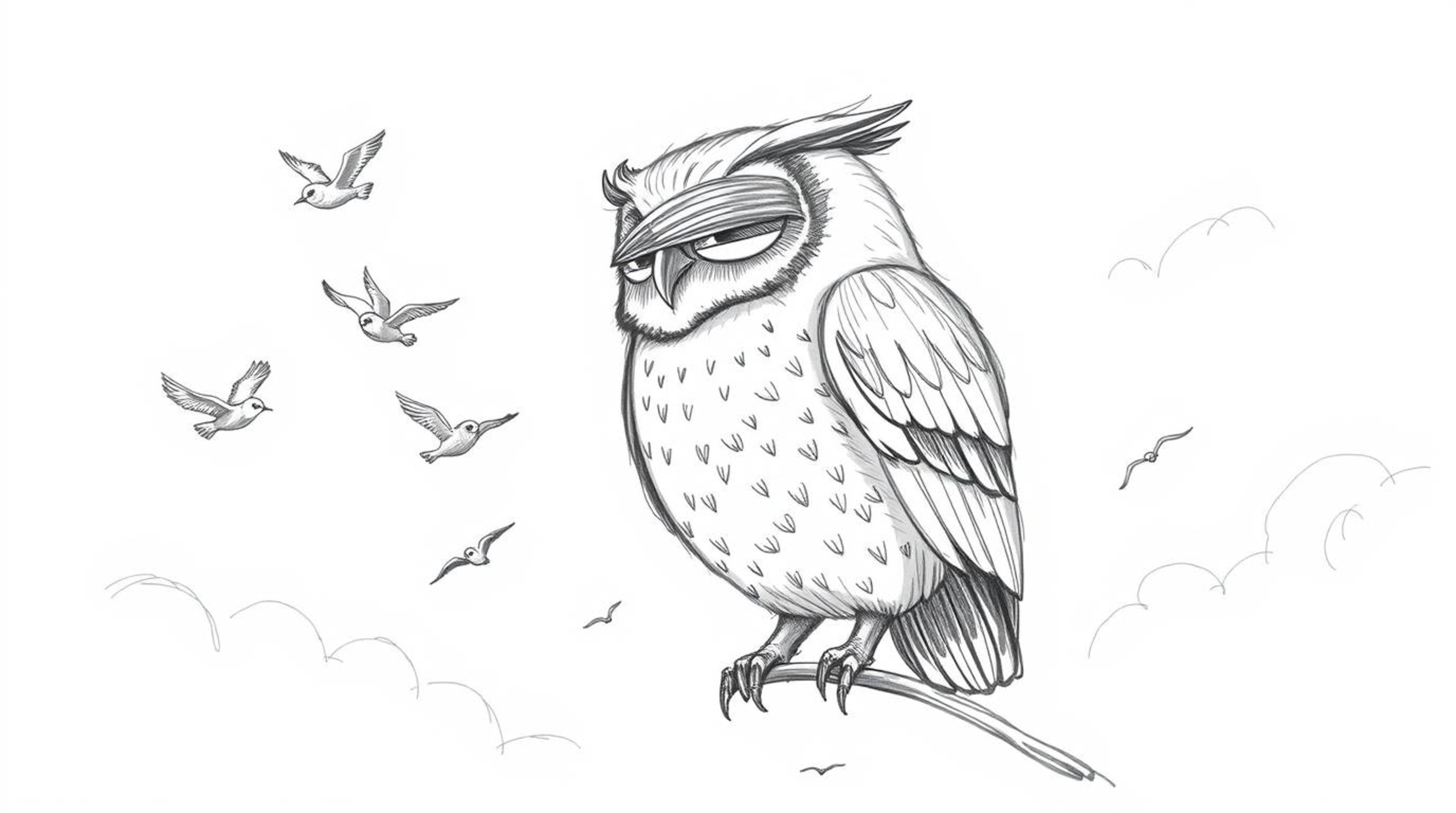 A heartwarming Pixar-style hand-drawn sketch depicts a gentle, blind owl instructing a flock of small birds in flight. The sc