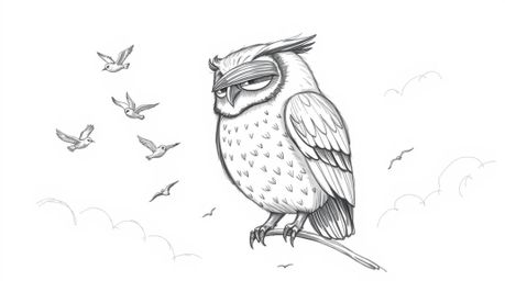 A heartwarming Pixar-style hand-drawn sketch depicts a gentle, blind owl instructing a flock of small birds in flight. The sc