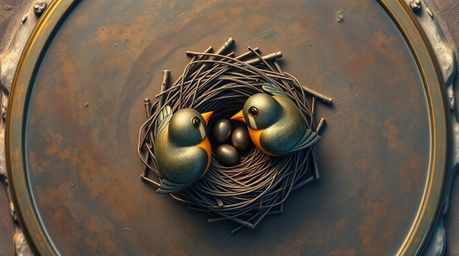 A charming overhead shot showcases two cartoon birds meticulously constructing their nest atop a cast bronze surface. Render