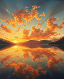 A stunning painting depicts the reflections of fiery clouds in a mountain lake, bathed in the warm glow of the golden hour. T