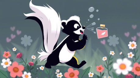 A modern, flat-design cartoon skunk is captured in action, gently spraying perfume onto vibrant flowers. The image is charact