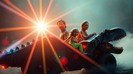 A prehistoric family with luminous skin embarks on an extraordinary journey in a dinosaur-shaped car.  Bright lens flares and