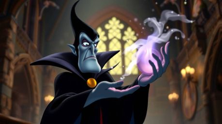 A classic Disney villain, rendered with sharp focus and intricate details, is depicted casting a spell within the aged walls 