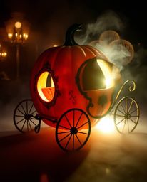 Witness a breathtaking transformation of a magical pumpkin into a graceful carriage, illuminated by stunning volumetric light
