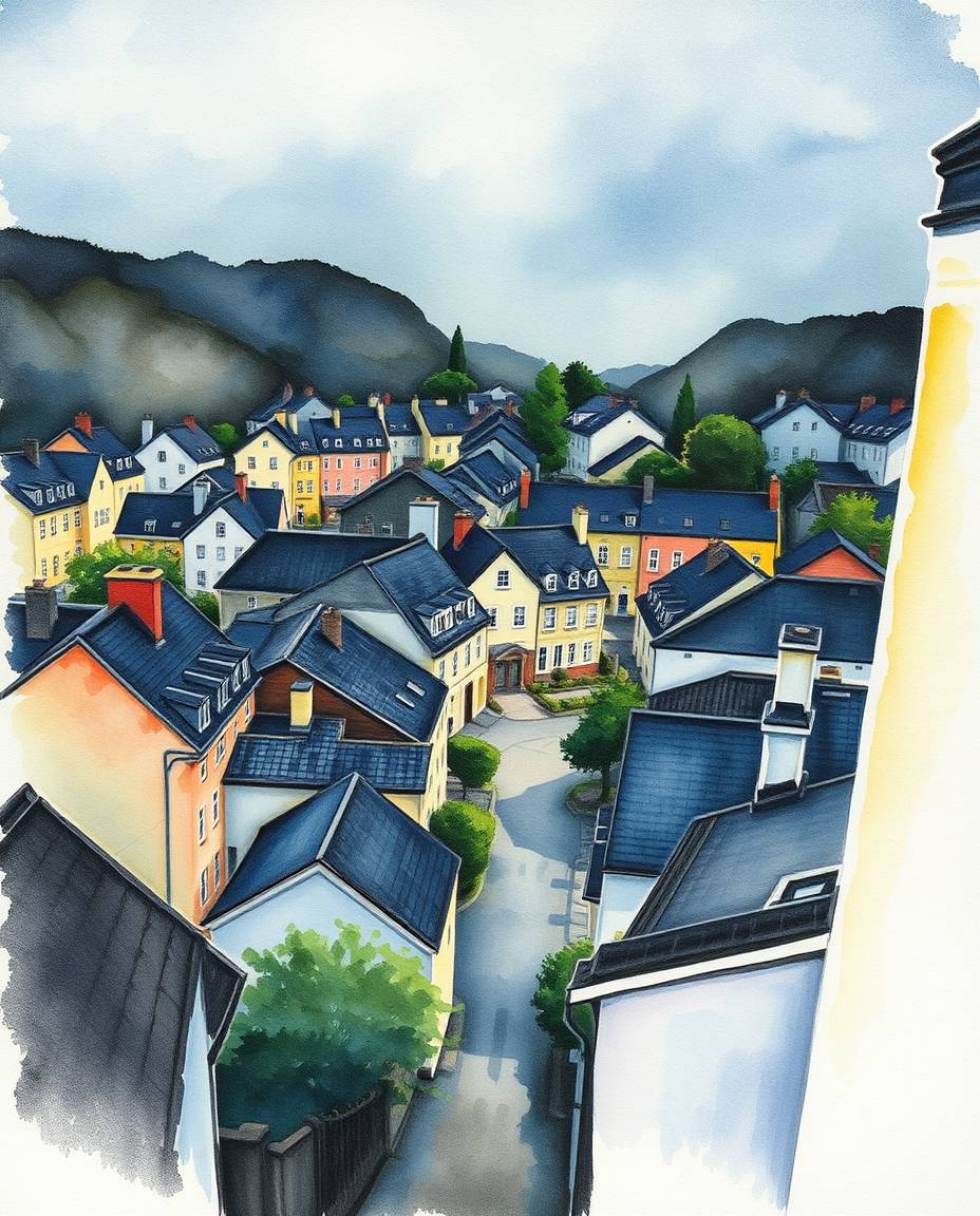 This captivating watercolor painting showcases a sleepy town from a top-down perspective, featuring charming pastel-colored h