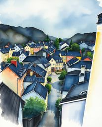 This captivating watercolor painting showcases a sleepy town from a top-down perspective, featuring charming pastel-colored h