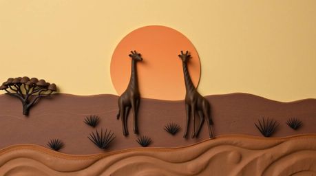 This stunning sculptural clay art piece captures the serene beauty of a savanna sunset with silhouetted giraffes.  Using natu