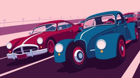 Experience a wacky and vibrant racing scene rendered in a modern flat design style. Outlandish cars speed through the track, 