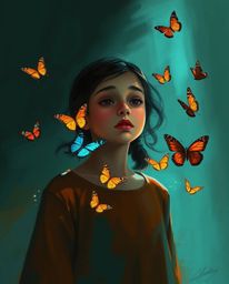 A captivating digital painting showcases a girl releasing butterflies into the air, bathed in the dramatic interplay of chiar