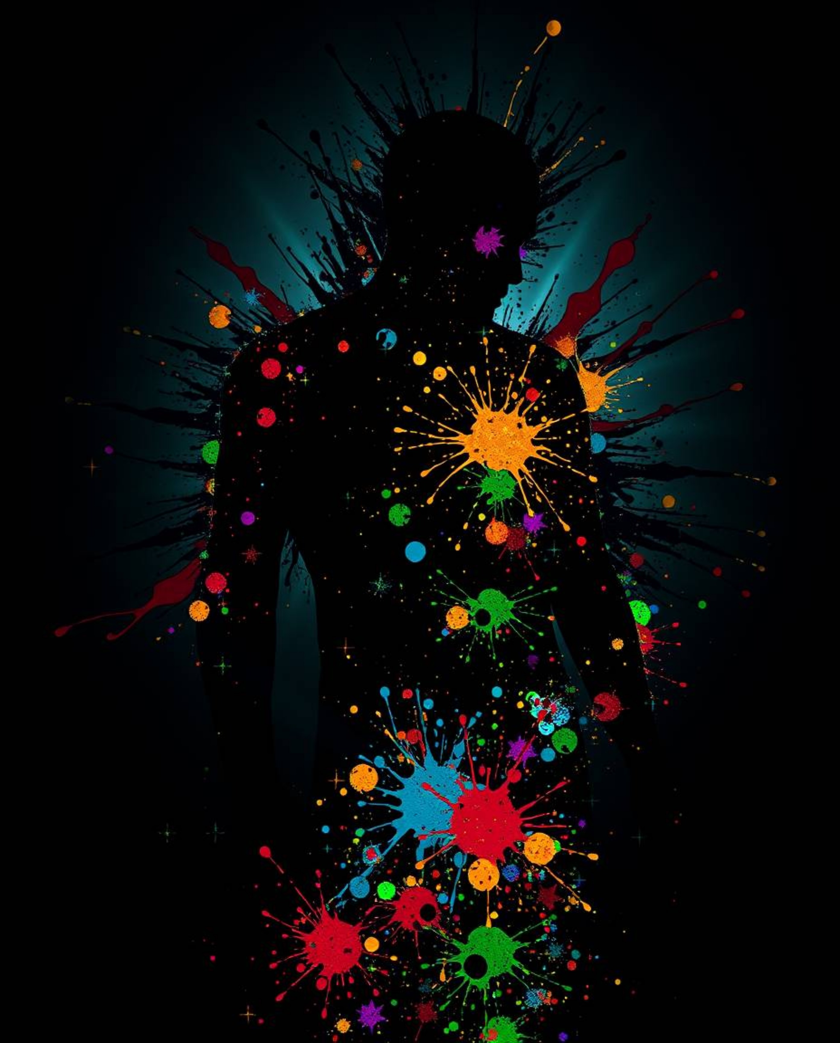 This high-resolution stock photo features a striking human silhouette meticulously crafted from vibrant and dynamic colorful 