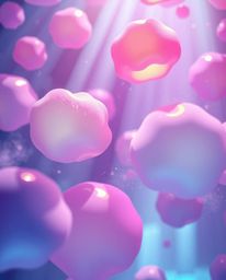 This illustration captures a lively and energetic scene featuring floating 3D blobs of fluid jelly illuminated by volumetric 